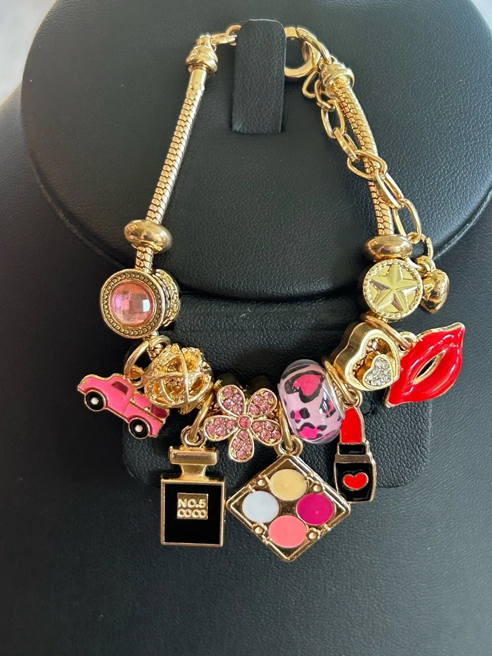 Brand New Gold Charm Bracelet with Pink and Red Enamel Makeup Charms